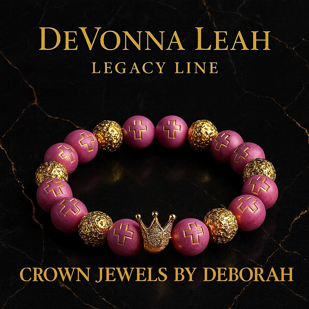 Devonna Leah Legacy Line bracelet with fuchsia cross beads and a gold crown