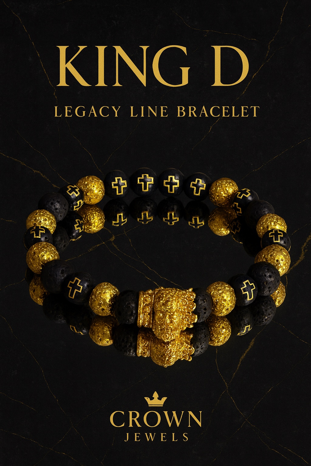 King D Legacy Line bracelet with black and gold cross beads and a gold lion detail
